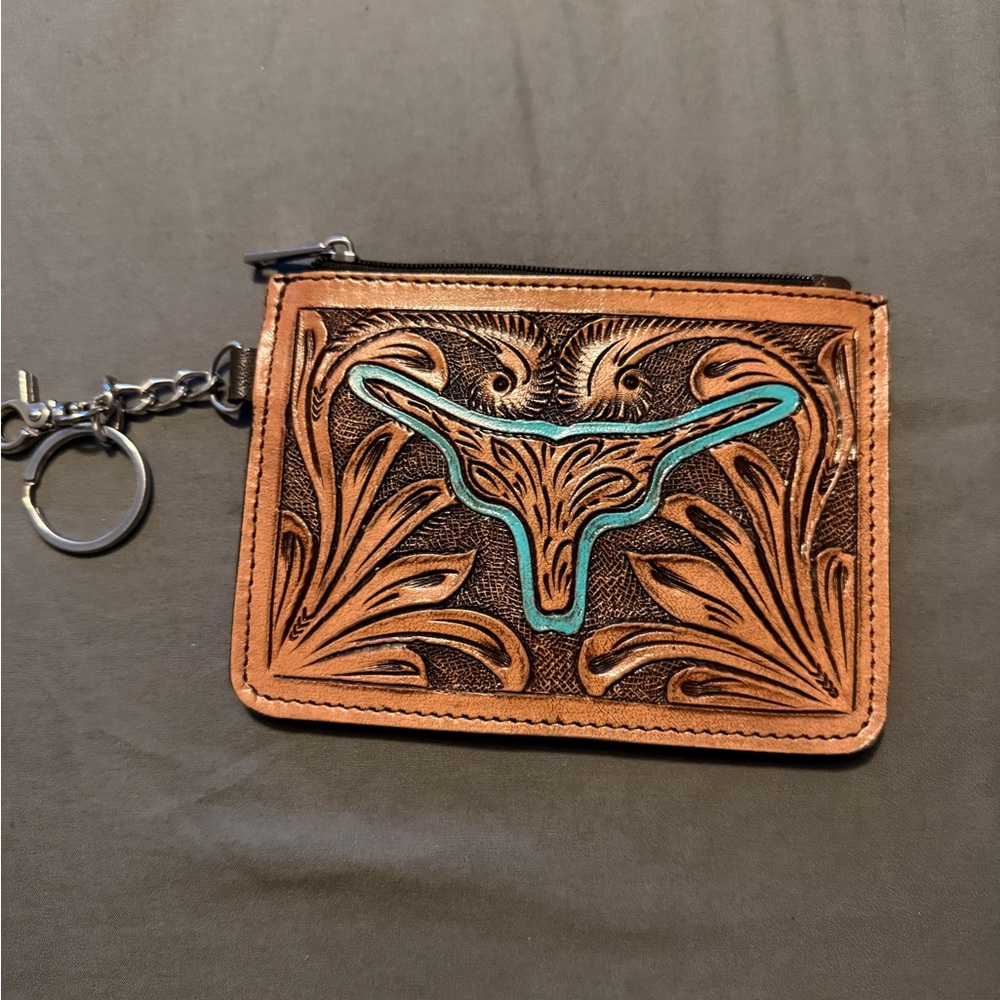 Brown and Turquoise Leather Wallet with Keychain
